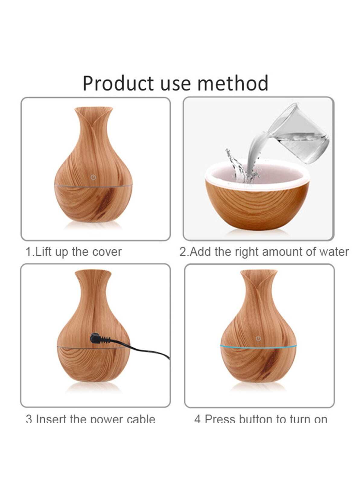 1pc Usb Wood Grain Flower Vase Shaped Humidifier With 7-color Led Light & Aroma Diffuser Function For Home, Office, Car Decoration-light wood grain-4