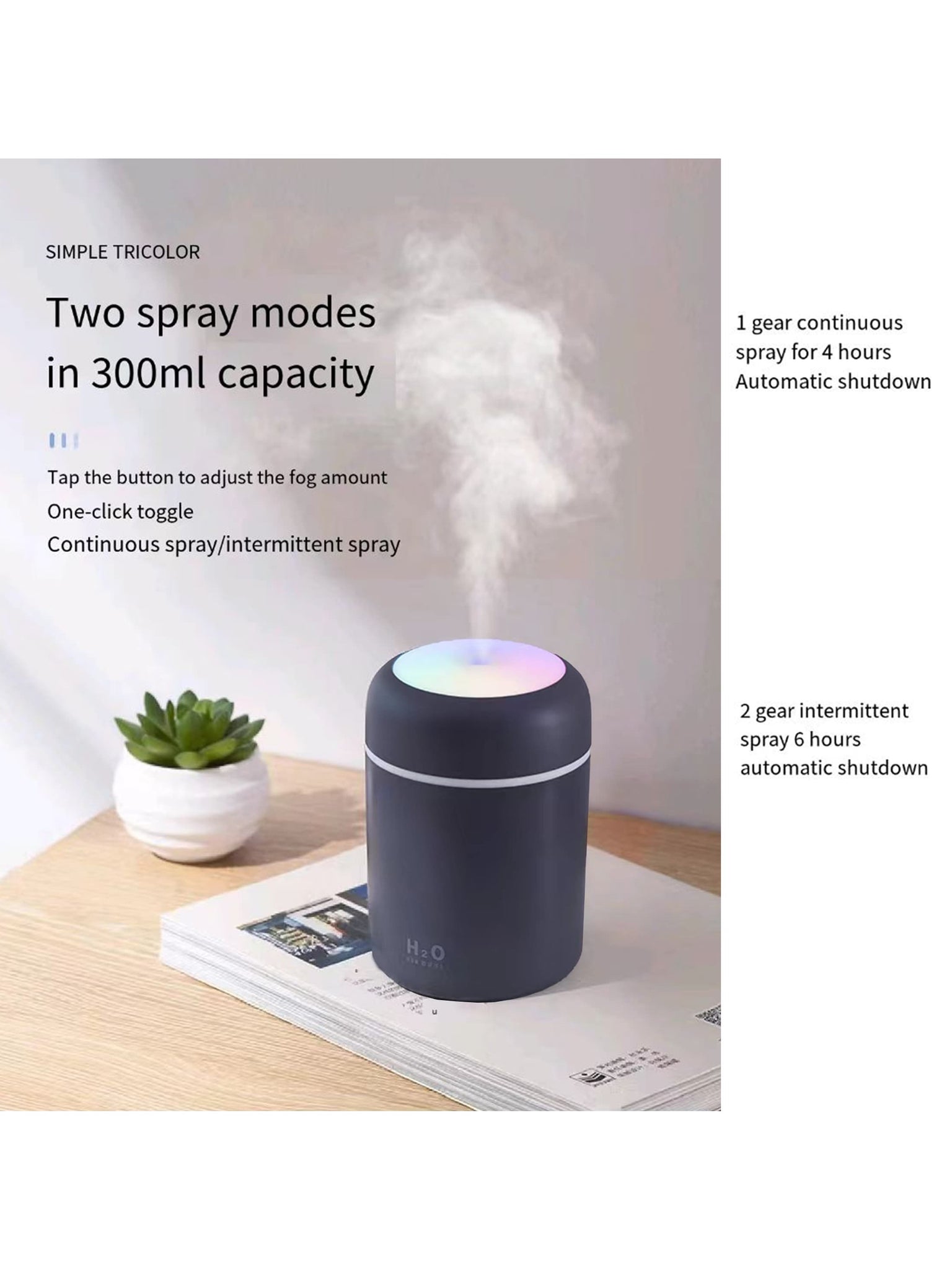 1pc Usb Powered 2w 300ml Car-mounted Colorful Humidifier With Data Cable And 7-color Atmosphere Light, Suitable For Car And Room Air Purifying And Moisturizing, Office And Bedroom Use-Navy Blue-3