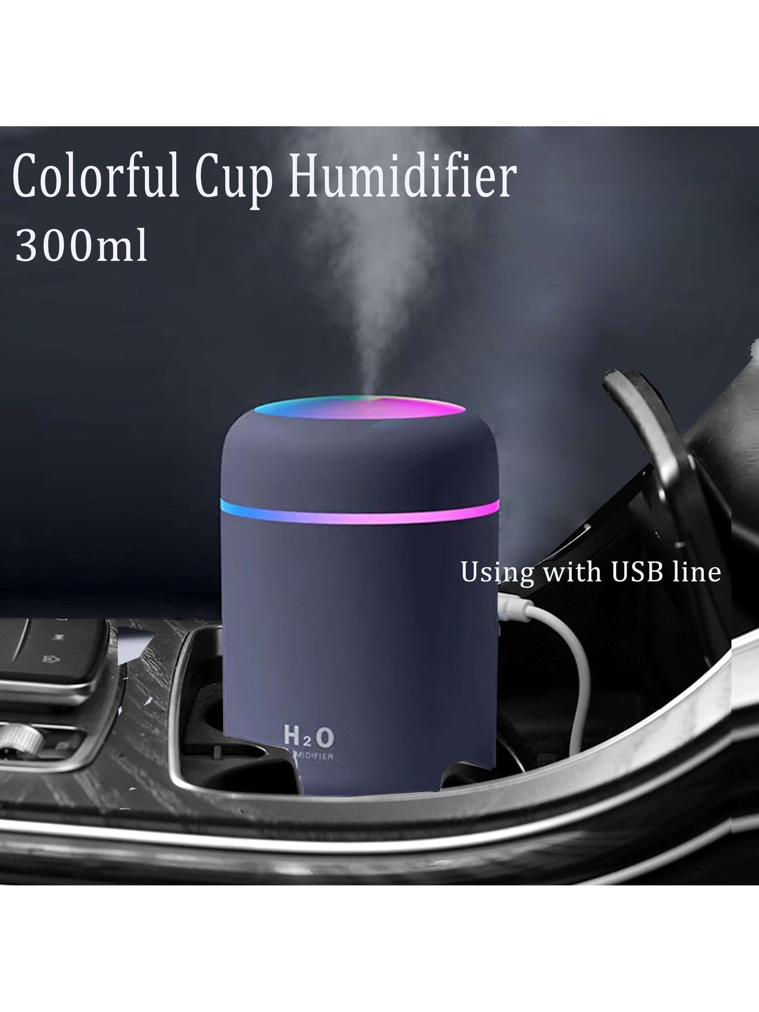 1pc Usb Powered 2w 300ml Car-mounted Colorful Humidifier With Data Cable And 7-color Atmosphere Light, Suitable For Car And Room Air Purifying And Moisturizing, Office And Bedroom Use-Navy Blue-2