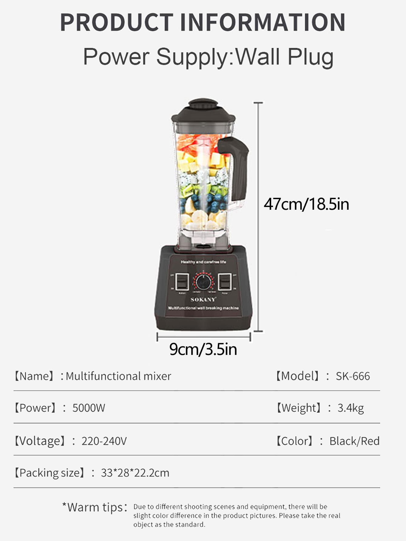 1pc 2.5l Plug-in Multifunctional Blender Sk-666, 5000w High Power Copper Motor, 9 Variable Speeds, Sharp Blade, Fine Grinding, Sealed Rubber Cover, Simple Switch, Easy-to-grip Handle, Measuring Cup With Scale Design-Black-10