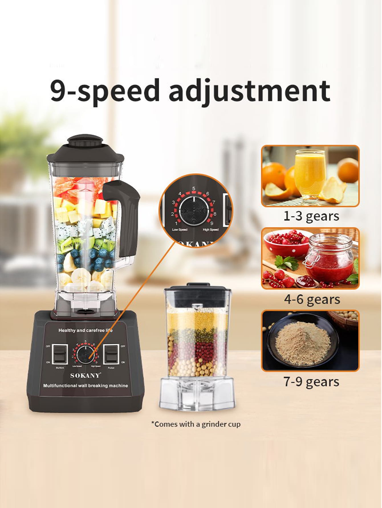 1pc 2.5l Plug-in Multifunctional Blender Sk-666, 5000w High Power Copper Motor, 9 Variable Speeds, Sharp Blade, Fine Grinding, Sealed Rubber Cover, Simple Switch, Easy-to-grip Handle, Measuring Cup With Scale Design-Black-7