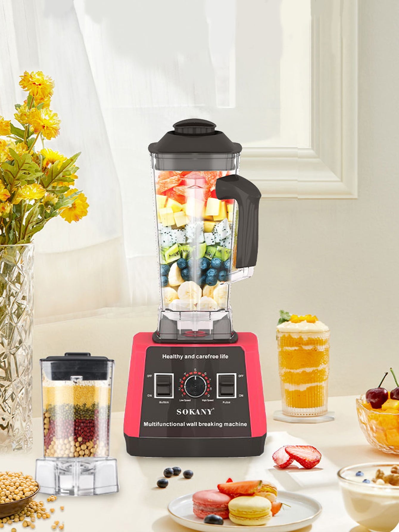 1pc Plug-in 2.5l Multifunctional Blender(sk-666) 5000w Ultra-large Power, Copper Motor, 9 Adjustable Speed Levels, Sharp Blades, Fine Grinding, Sealed Rubber Cover, Easy Switch, Convenient Handle, Measuring Cup Scale Design-Red-1