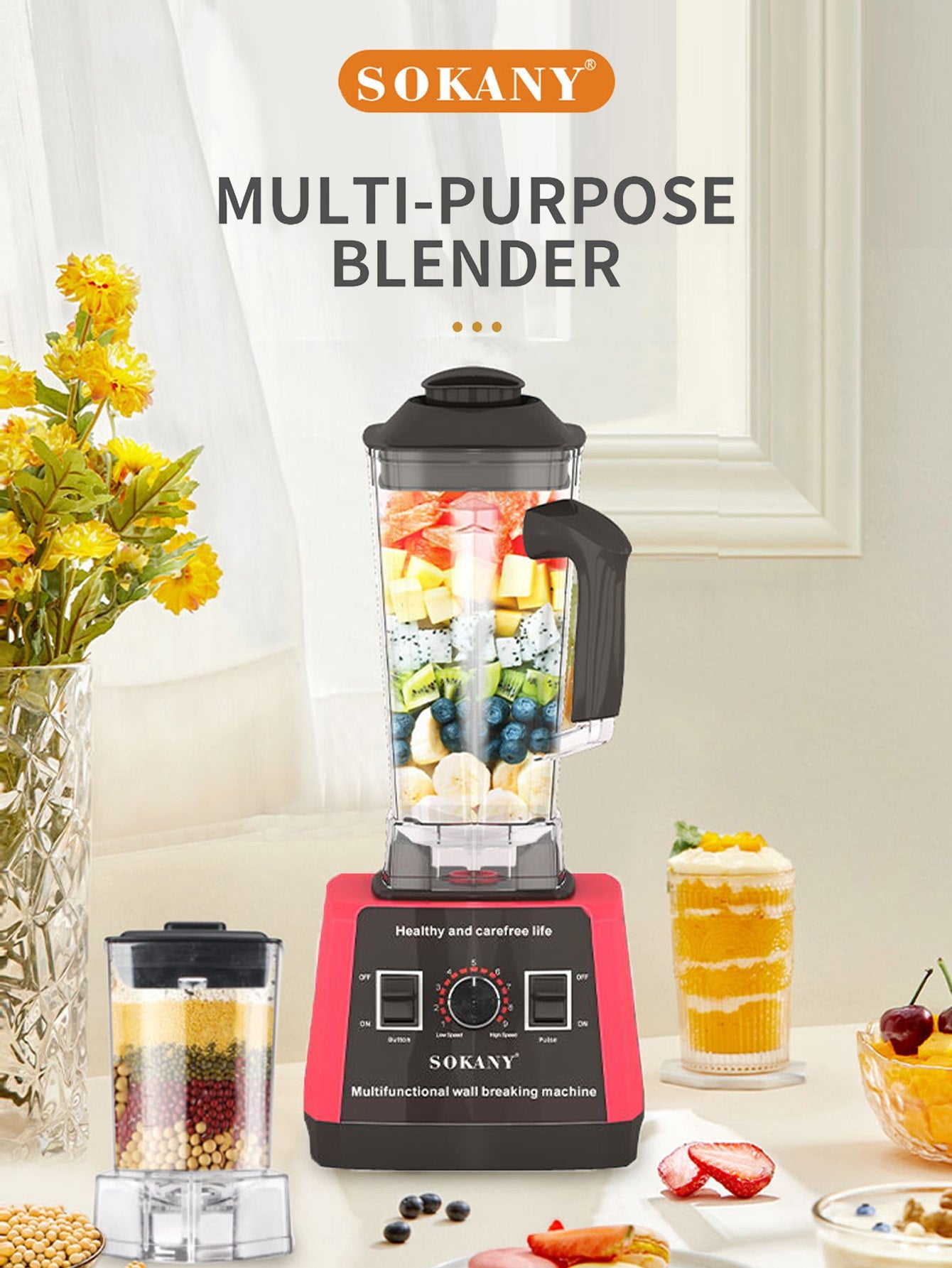 1pc Plug-in 2.5l Multifunctional Blender(sk-666) 5000w Ultra-large Power, Copper Motor, 9 Adjustable Speed Levels, Sharp Blades, Fine Grinding, Sealed Rubber Cover, Easy Switch, Convenient Handle, Measuring Cup Scale Design-Red-2