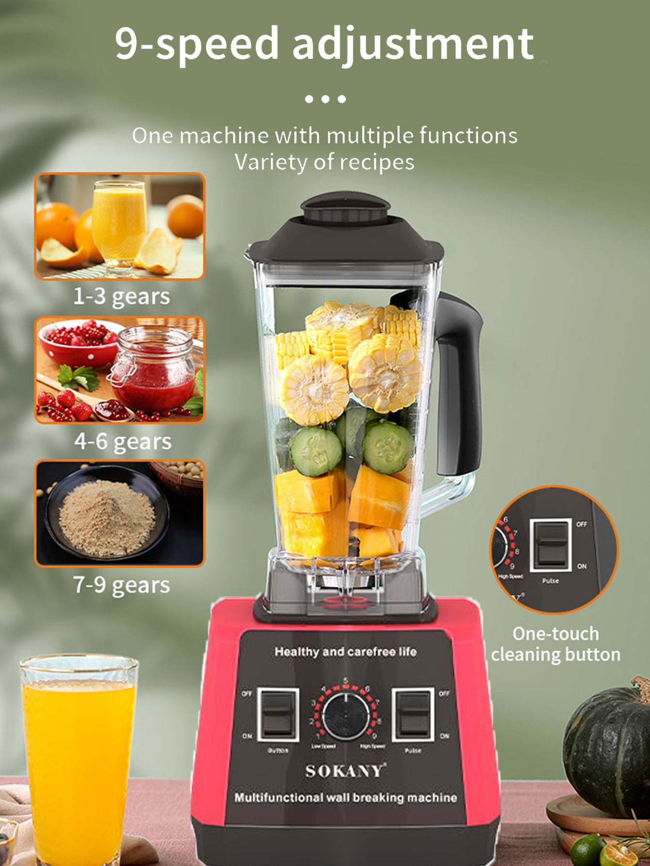 1pc Plug-in 2.5l Multifunctional Blender(sk-666) 5000w Ultra-large Power, Copper Motor, 9 Adjustable Speed Levels, Sharp Blades, Fine Grinding, Sealed Rubber Cover, Easy Switch, Convenient Handle, Measuring Cup Scale Design-Red-5
