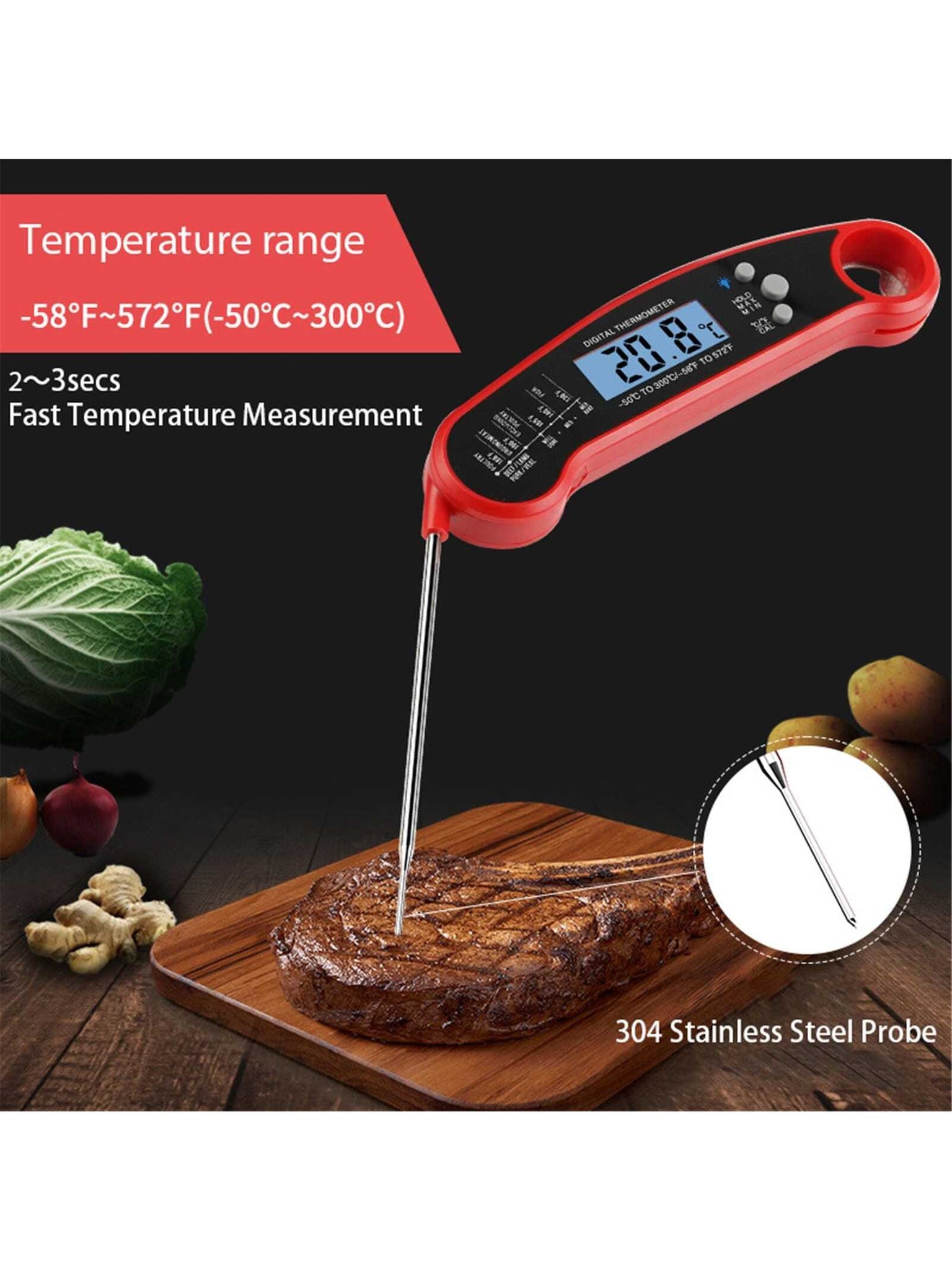 Meat Thermometer, Suitable For Barbecue And Cooking, Best Waterproof Ultra Fast, Instant Read With Backlight And Calibration, Digital Food Probe For Kitchen, Outdoor Bbq And Grilling-Reddish black-6
