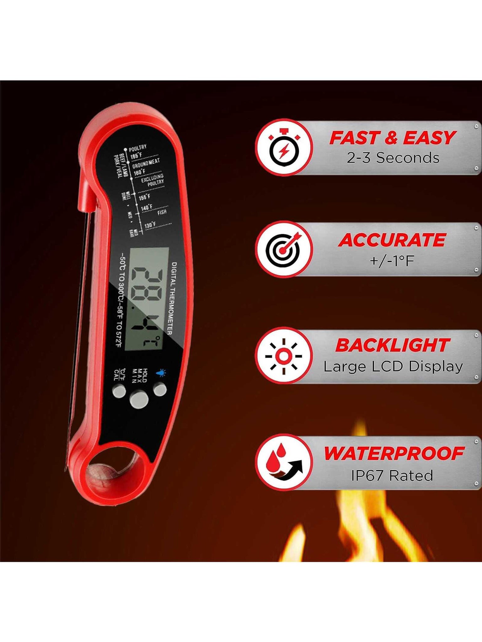 Meat Thermometer, Suitable For Barbecue And Cooking, Best Waterproof Ultra Fast, Instant Read With Backlight And Calibration, Digital Food Probe For Kitchen, Outdoor Bbq And Grilling-Reddish black-2