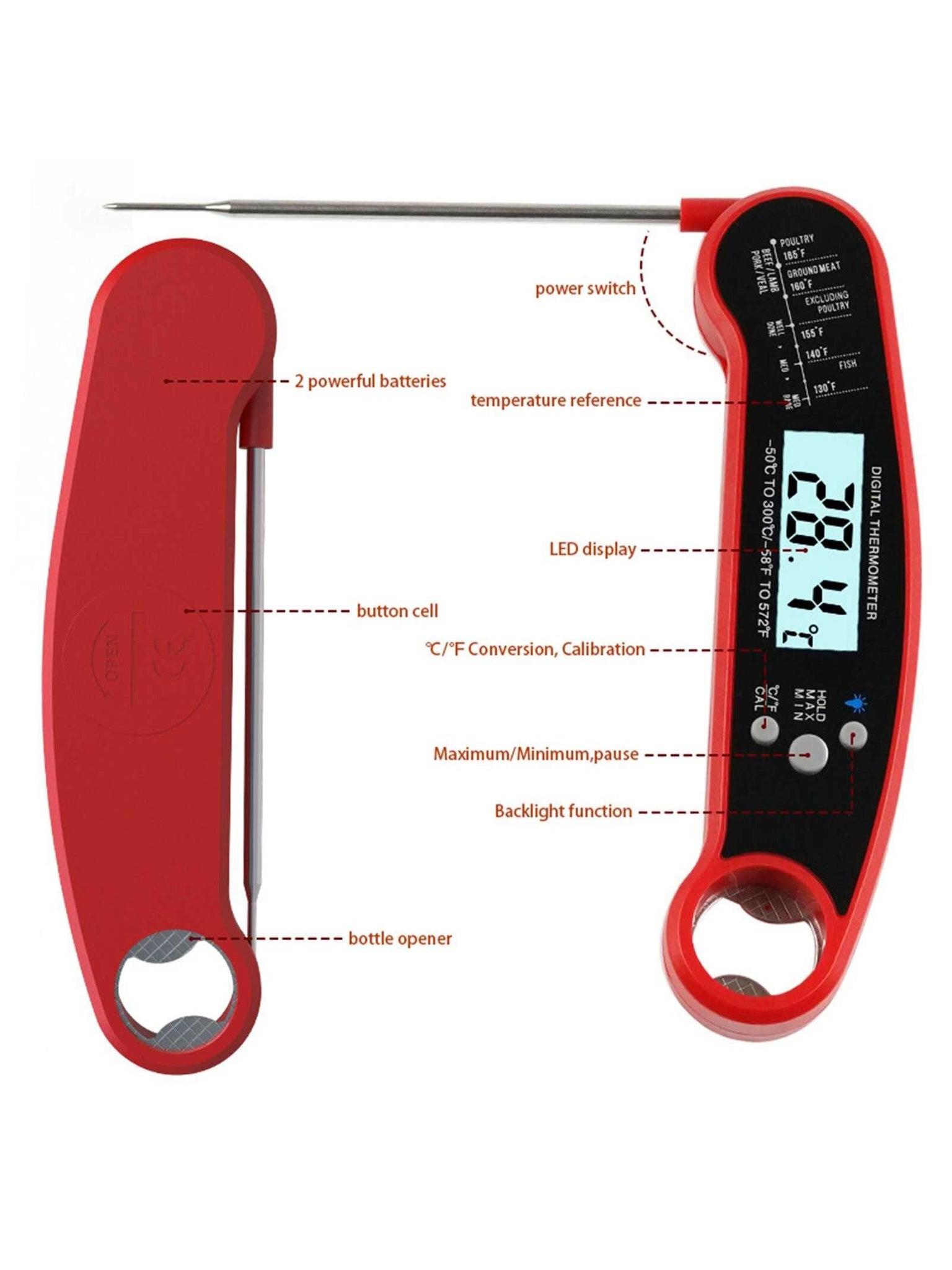 Meat Thermometer, Suitable For Barbecue And Cooking, Best Waterproof Ultra Fast, Instant Read With Backlight And Calibration, Digital Food Probe For Kitchen, Outdoor Bbq And Grilling-Reddish black-4