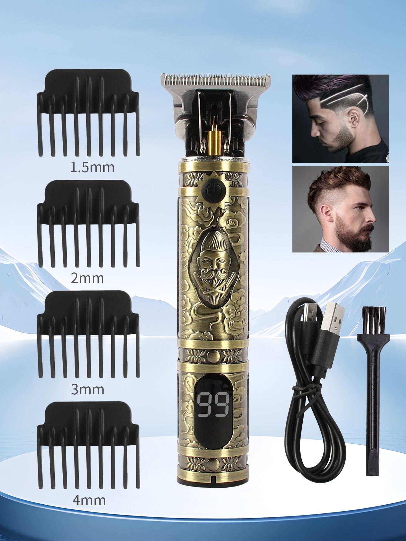 1PC Electric Hair Clipper USB Rechargeable Wireless LCD Professional Electric Hair Cutting Machine Retro Men's Shaver Trimmer Barber Technical Beard Trimmers-Black-1