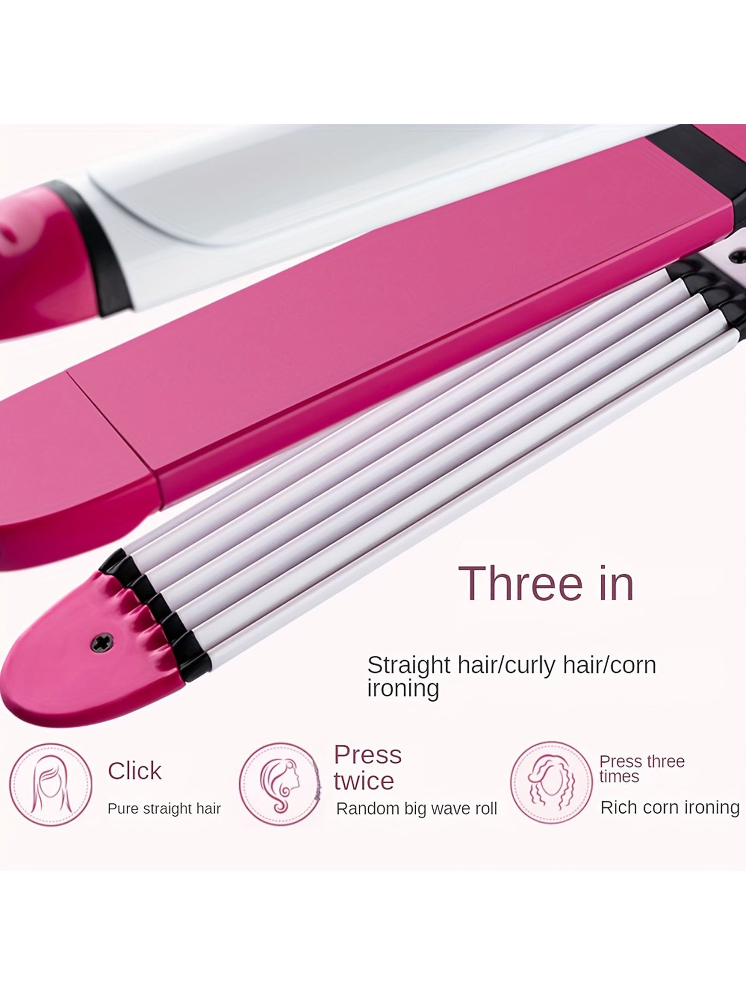 3-in-1 Ceramic Hair Curling Iron: Straighten, Crimp & Style Your Hair Instantly!-Hot Pink-3