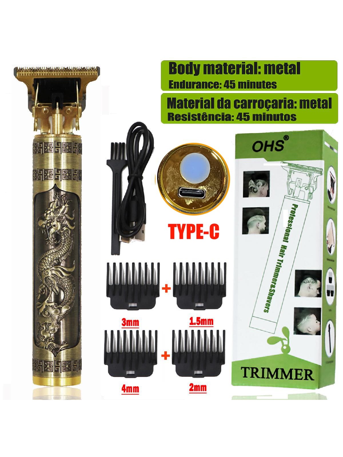 1 Set Metal Usb Charging Hair Clipper & Shaver T9 For Professional Beard Triming, Feature Chinese Dragon & Phoenix Pattern, Suitable For Male Barber-S1 Dragon-1