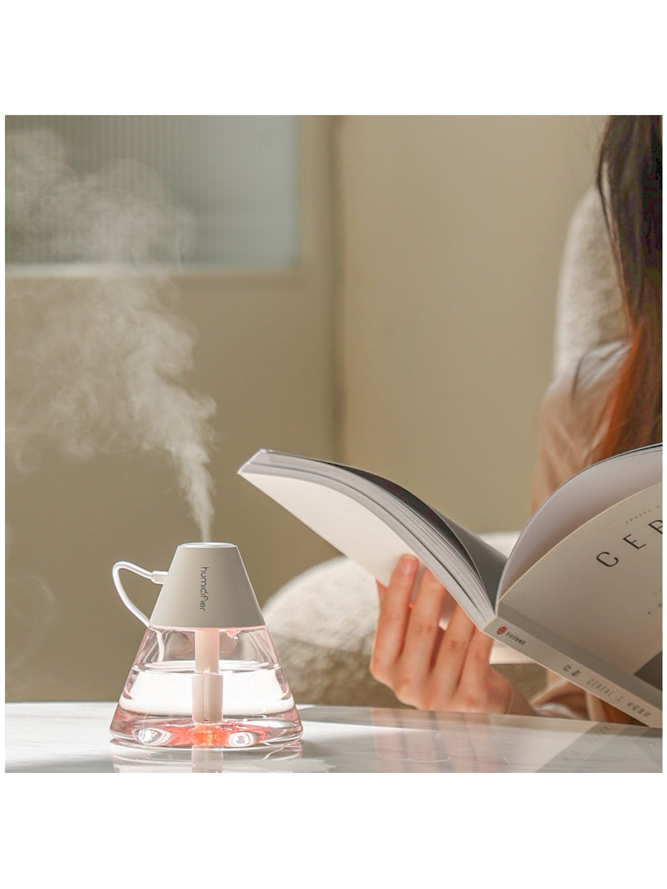 1pc Mini Volcano-shaped Electric Desktop Humidifier For Bedroom, Living Room, Office With Auto Power-off Function And Double Spray-White-7