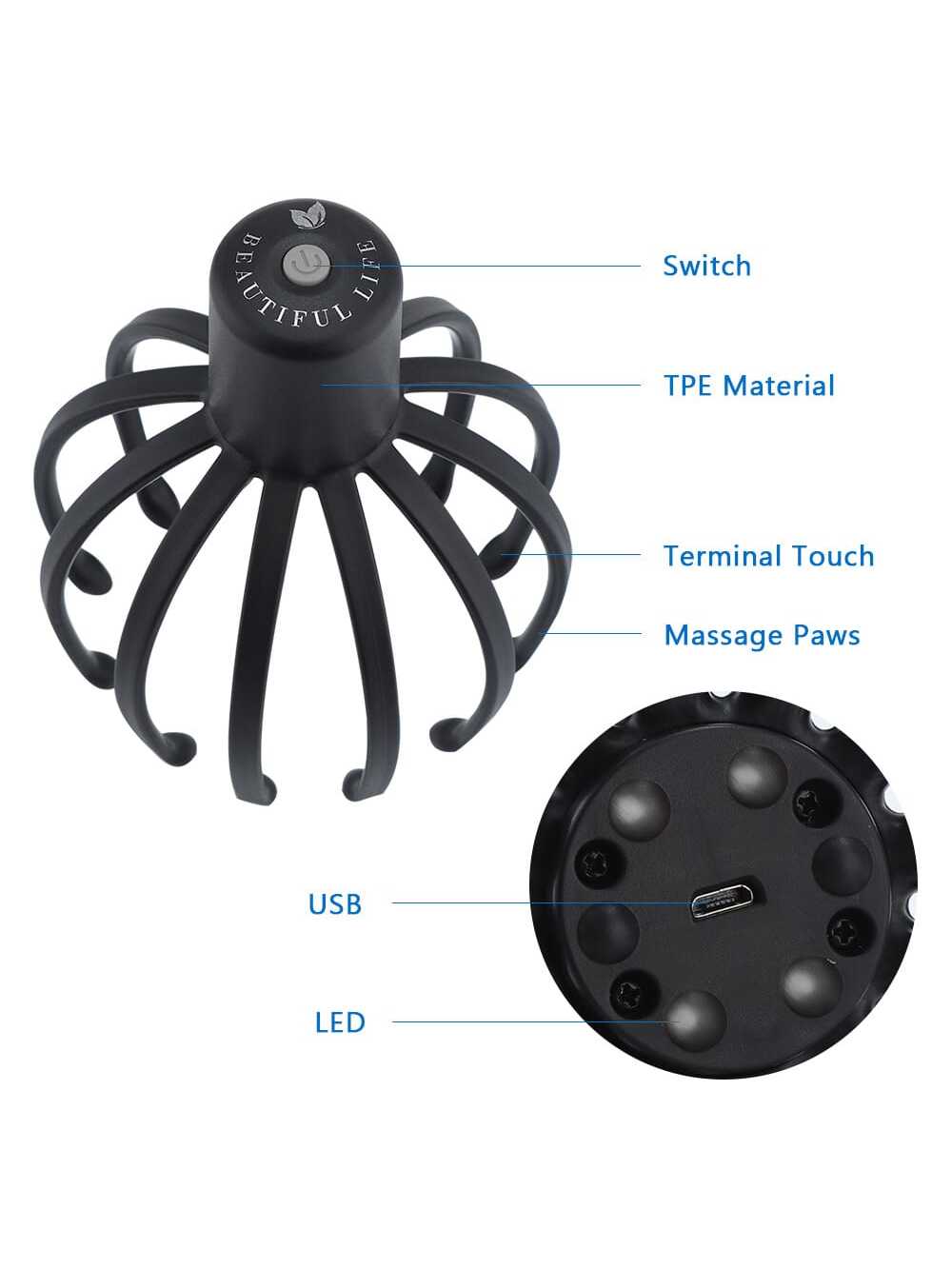 1pc Black Electric Scalp Massager Octopus Shaped Massage Claw For Head, Suitable For Home And Travel Use-Black-6