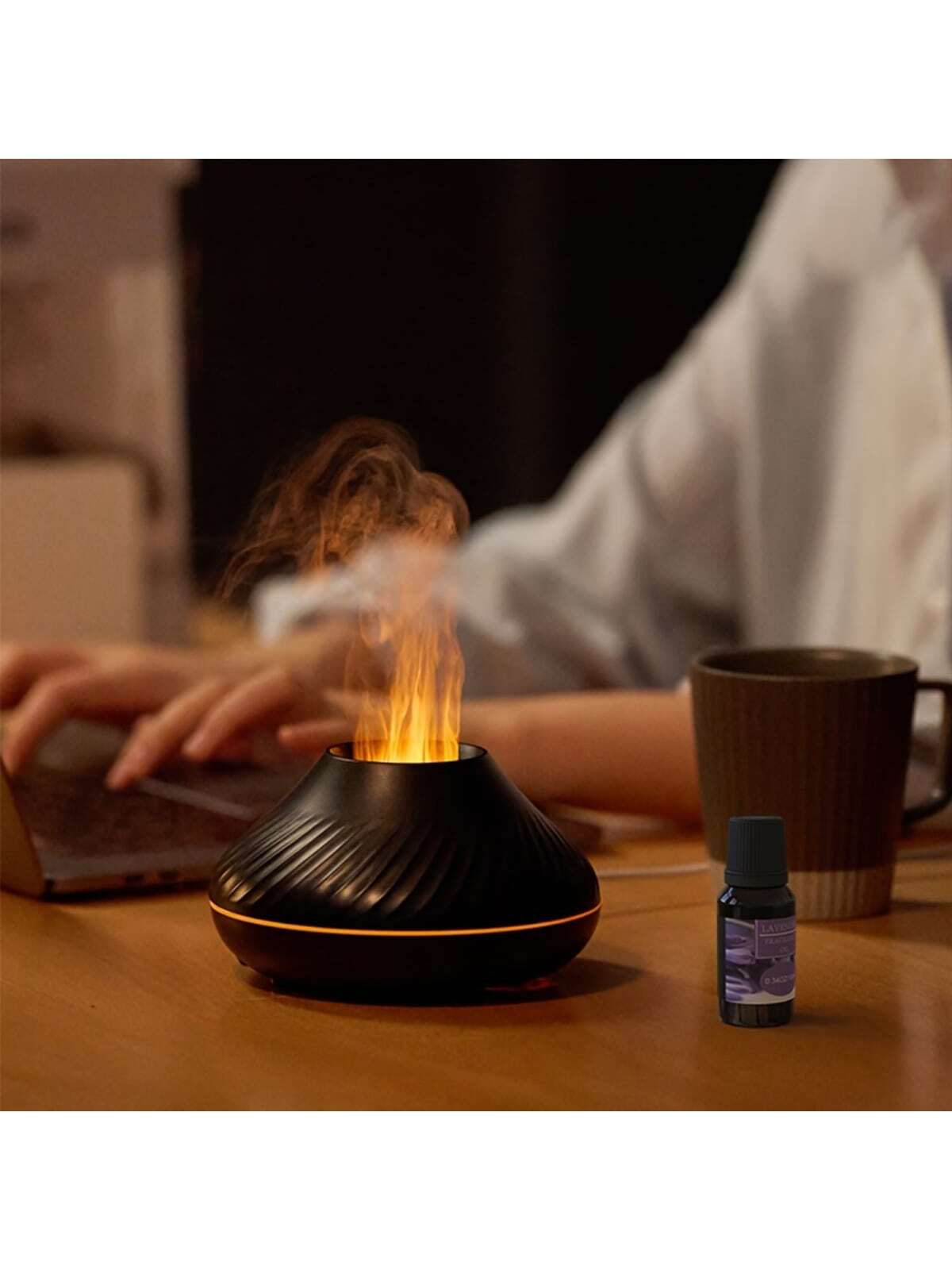 1pc Usb Powered 130ml Portable Led Rainbow Flame Lamp Aroma Humidifier Dq705, Mini Essential Oil Diffuser, Suitable For Home And Office Use-Black-3