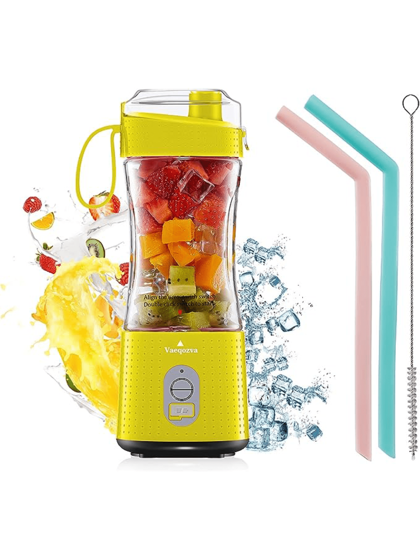 Portable Blender for Shakes and Smoothies, USB Rechargeable Personal Blender with 6pcs 3D Blades, Strong Blending Power, 13.5Oz & Cleansing Brush for Travel, Office and Sports-Yellow-1