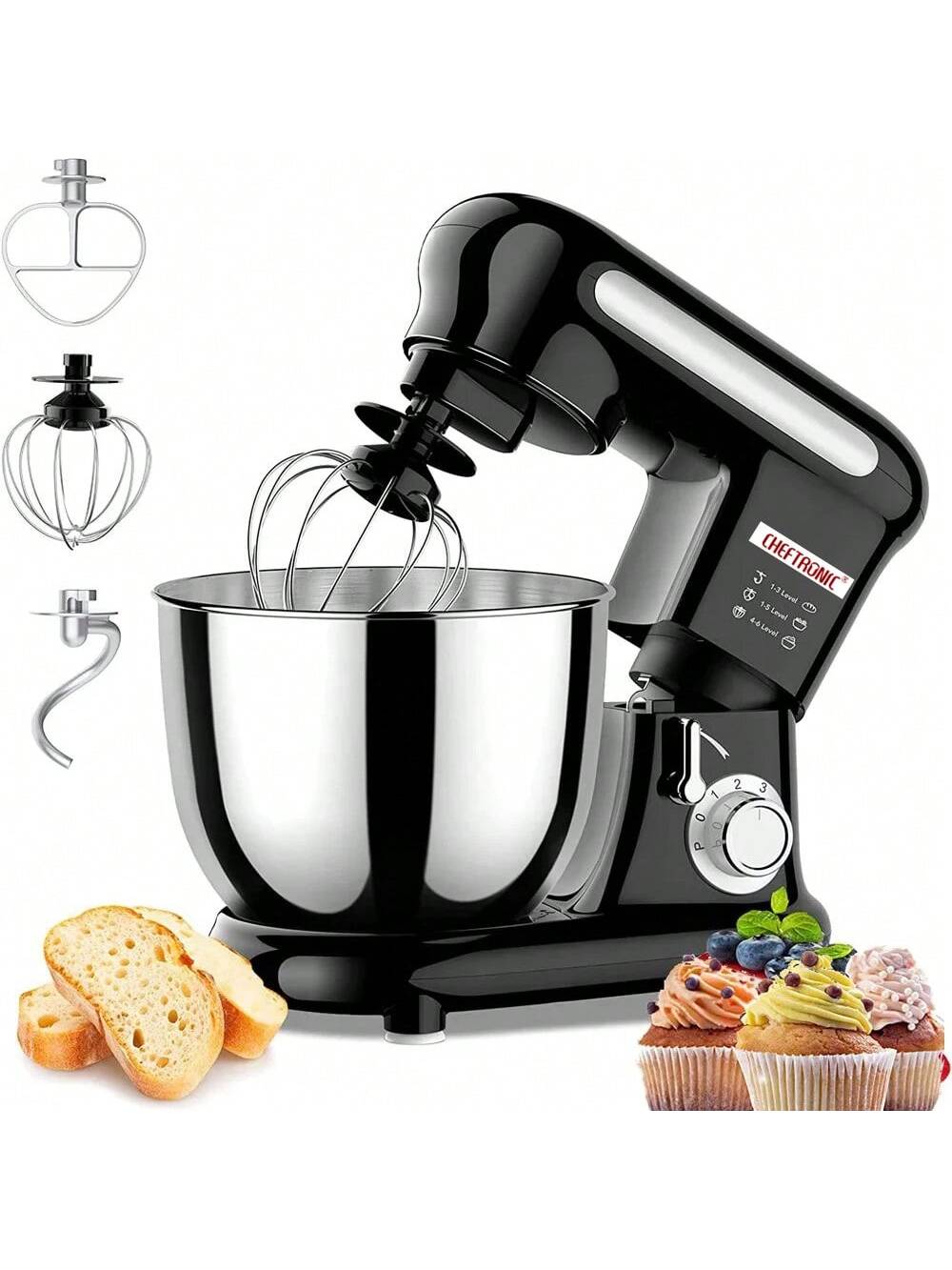 Classic Stand and Hand Mixer,  6 Speeds with Bowl, Dough Hook, Egg Whisk Flat Beater-Black-1
