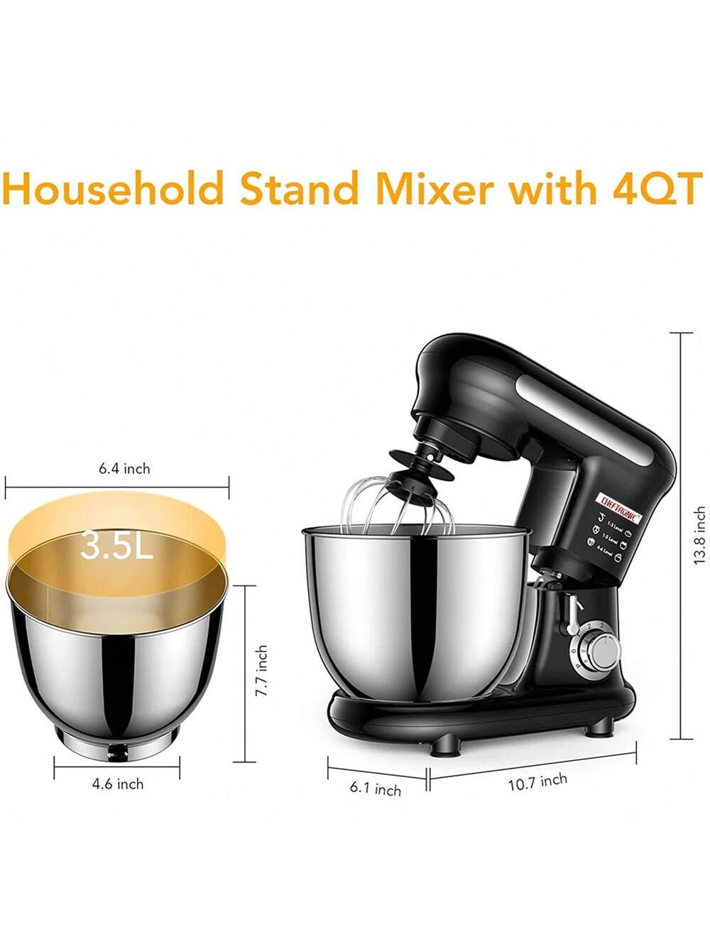 Classic Stand and Hand Mixer,  6 Speeds with Bowl, Dough Hook, Egg Whisk Flat Beater-Black-3