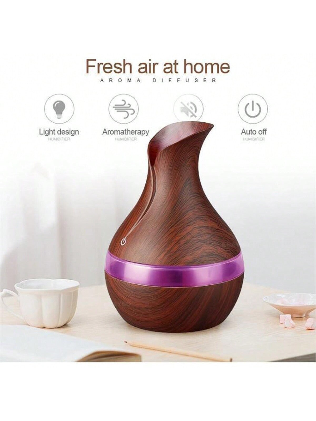 1pc Portable Usb Desktop Wood-grain Color Flowerpot Humidifier, Aromatherapy Diffuser, Water Replenishing Device, Air Purifier Suitable For Home, Bedroom, Outdoor, Travel-dark wood color-7