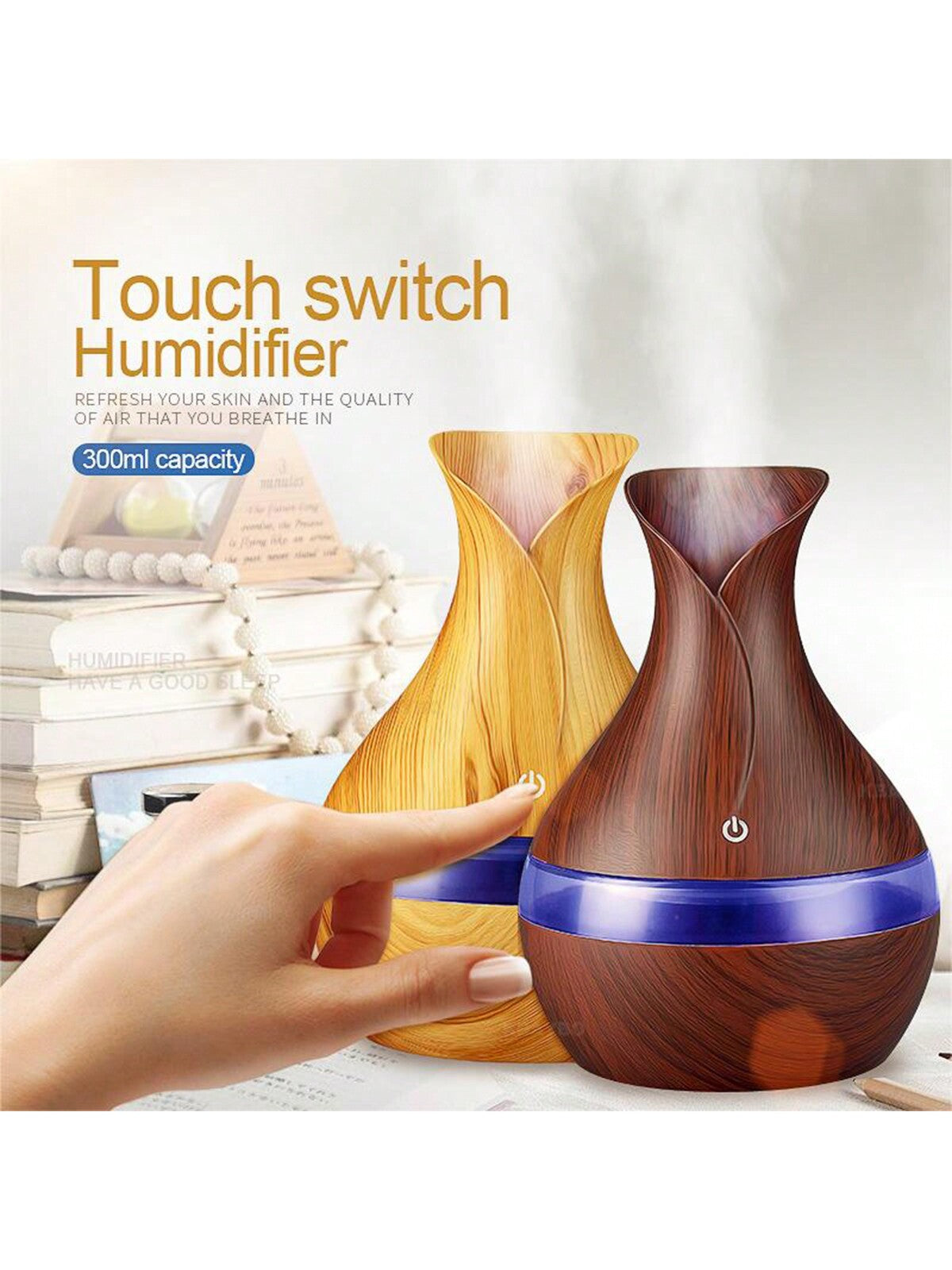 1pc Portable Desktop Usb Wood Grain Humidifier, Aroma Diffuser, Atomizer, Moisturizer, Air Purifier With Flower Vase Design, Suitable For Home, Bedroom, Outdoor, Travel-light wood grain-3