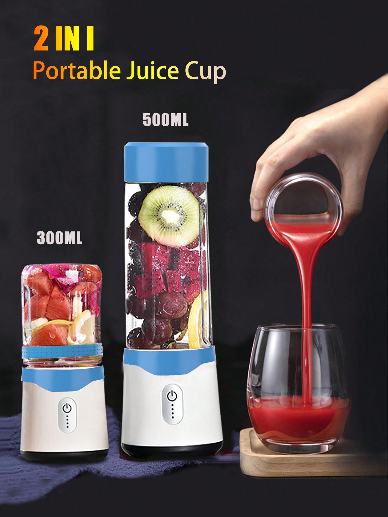 2 in1 Fruit Juice Cup 300ML and 500ML, Automatic Vegetable Blender, Mini Plastic Juicer Cup Machine, Portable Usb Rechargeable Juicer-Teal Blue-1