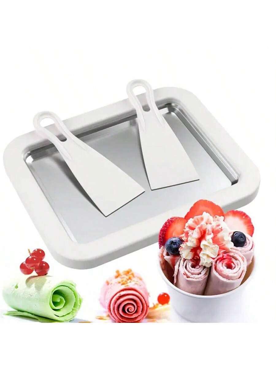 Ice Cream Maker, Rolled Ice Cream Machine, 304 Stainless Steel Tray Type Home Instant Ice Cream Roller Machine, Diy Soft Ice Cream Machine, Frozen Yogurt, Ice Cream-large size white-1