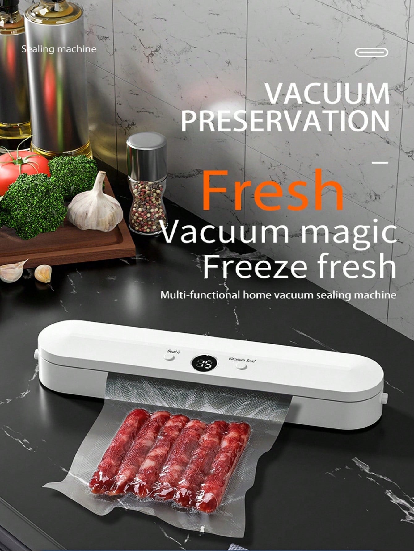 Vacuum Food Sealer Kitchen Fresh-keeping Vacuum Sealing Machine Mini Portable Automatic Food Packaging Machine Plastic Bag Sealer-White-1