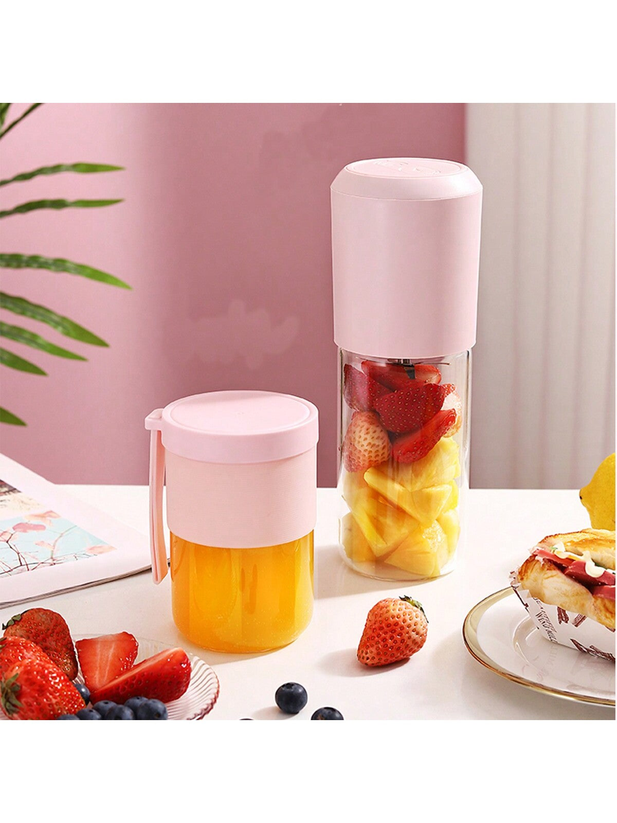 Double Cup Juice Extractor And Juice Cup Mini Portable Household Electric Fruit Juicer Multifunctional Blender Wireless Mini Juicer Cup-Pink-3
