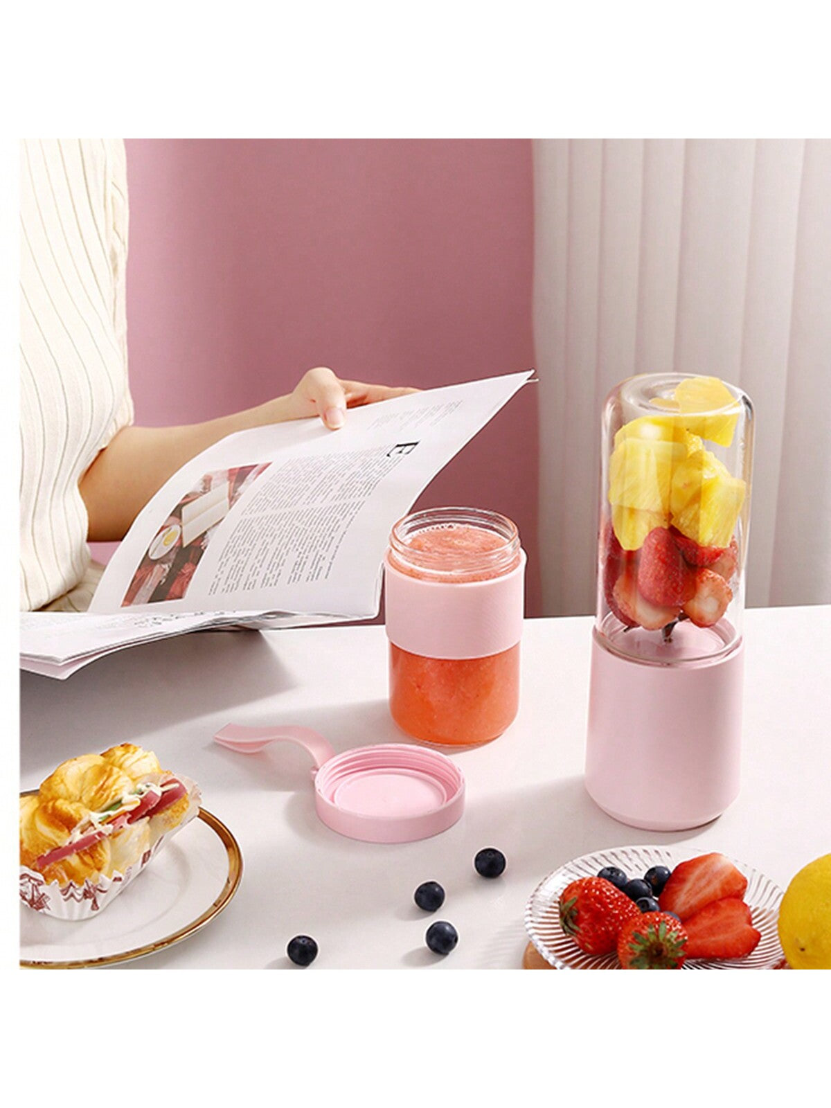 Double Cup Juice Extractor And Juice Cup Mini Portable Household Electric Fruit Juicer Multifunctional Blender Wireless Mini Juicer Cup-Pink-4