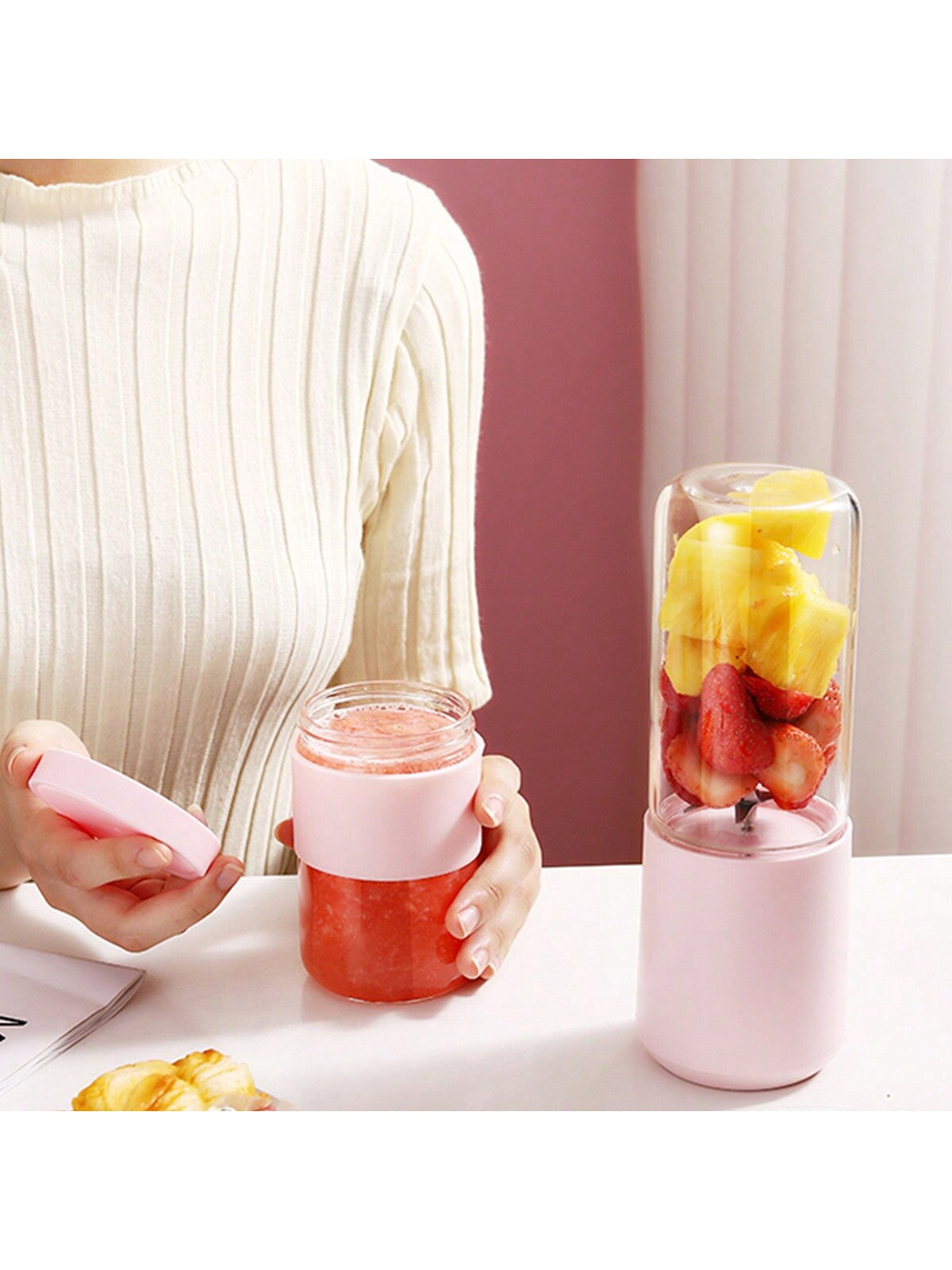 Double Cup Juice Extractor And Juice Cup Mini Portable Household Electric Fruit Juicer Multifunctional Blender Wireless Mini Juicer Cup-Pink-7