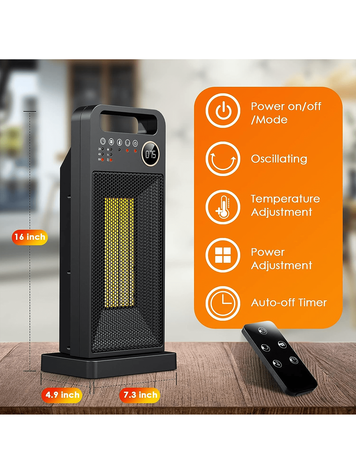 1500W Electric Heater Space Heater for Indoor Use with Remote Control Digital Display Touch Button Oscillation  Portable Thermostat Overheat Protection Small Space Heater for Room Home Office-Black-2