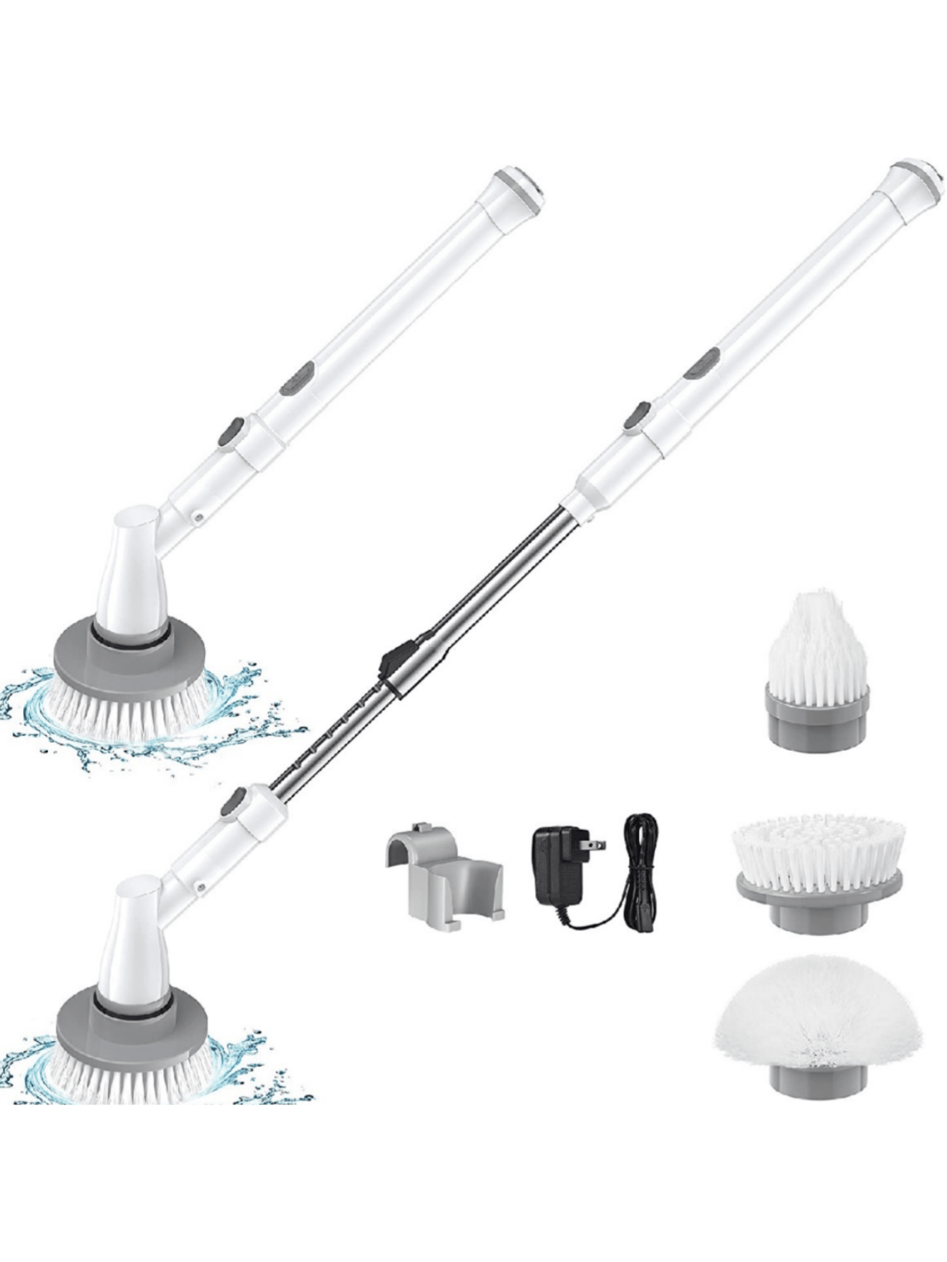1 Set Plug-in Charge Wireless White Electric Spinning Floor Scrubber, With Extendable Handle Shower Scrubber, With 3 Replaceable Brush Head Bathtub Tile Floor Scrubber, 60 Minutes Running Time, 350 Rpm, With High Torque Motor, Suitable For Bathroom,-White-1
