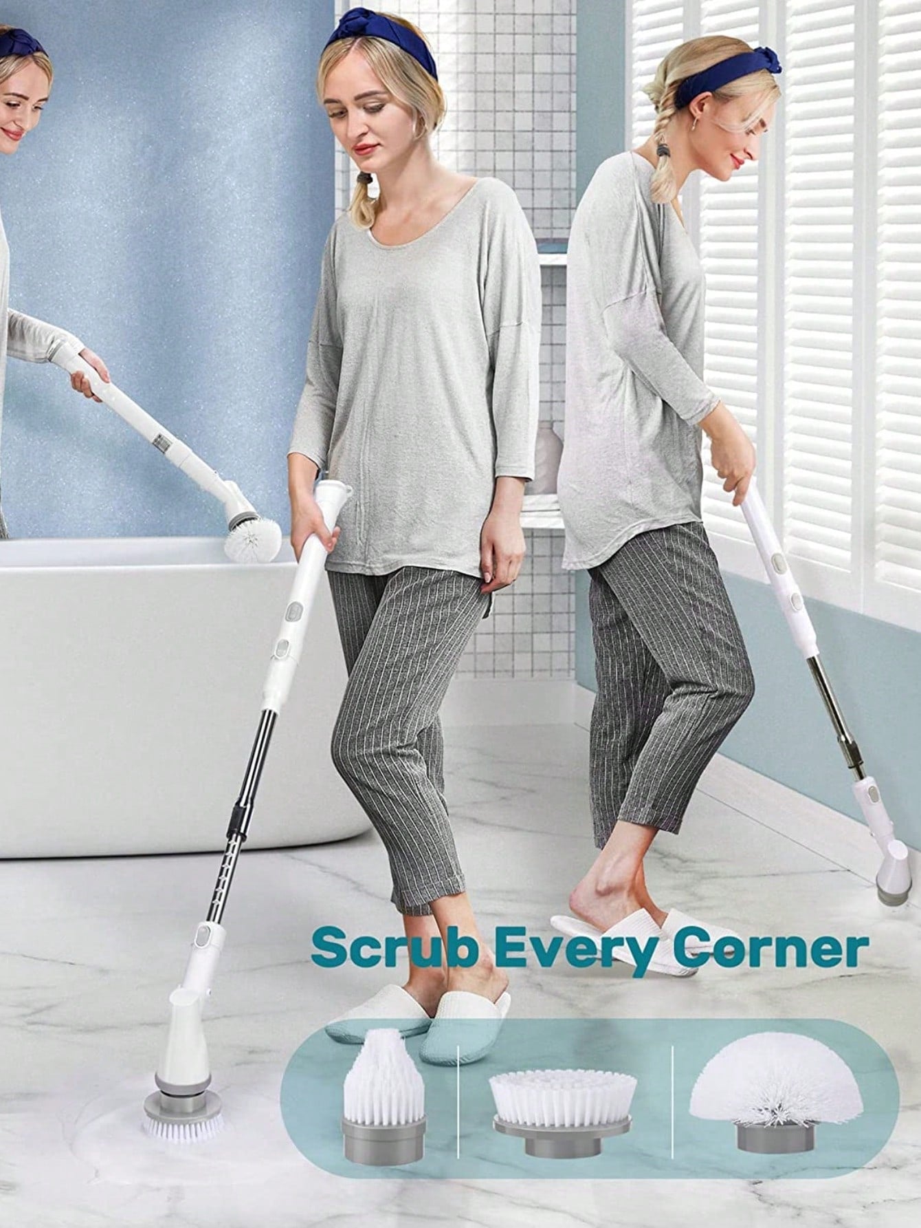 1 Set Plug-in Charge Wireless White Electric Spinning Floor Scrubber, With Extendable Handle Shower Scrubber, With 3 Replaceable Brush Head Bathtub Tile Floor Scrubber, 60 Minutes Running Time, 350 Rpm, With High Torque Motor, Suitable For Bathroom,-White-7
