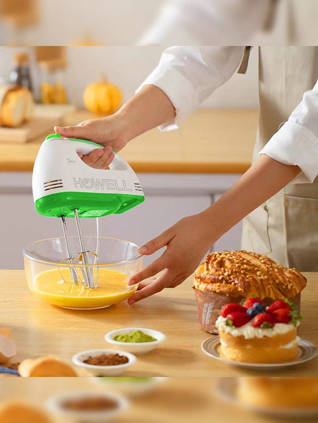 1pc 7-speed Powerful Handheld Mixer With Interchangeable Attachments For Egg Beater And Dough Kneader, Including 2 Dough Hooks-Green-3