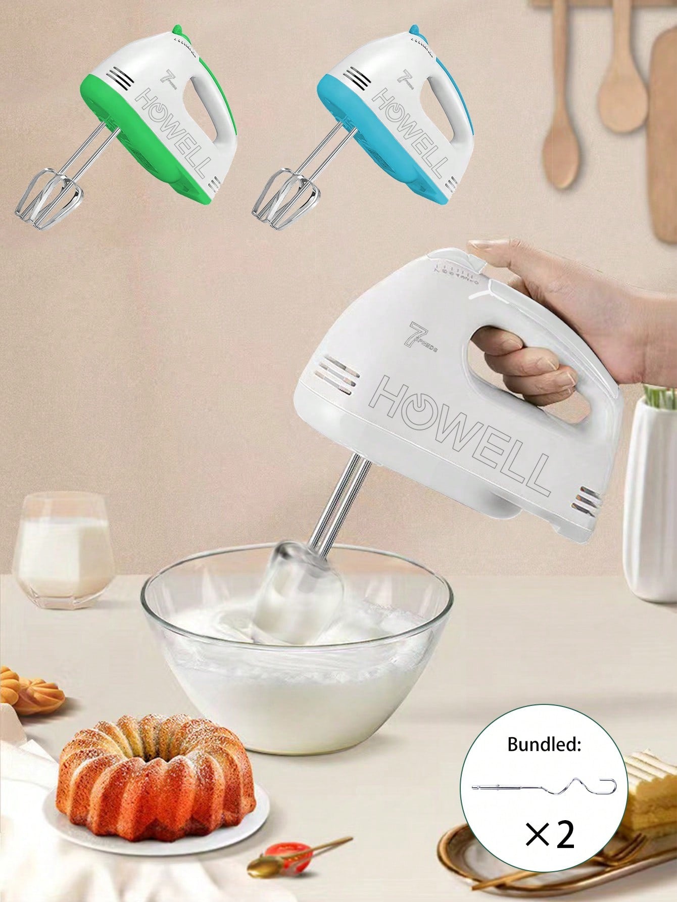 1pc 7-speed Powerful Handheld Mixer With Interchangeable Attachments For Egg Beater And Dough Kneader, Including 2 Dough Hooks-Green-1