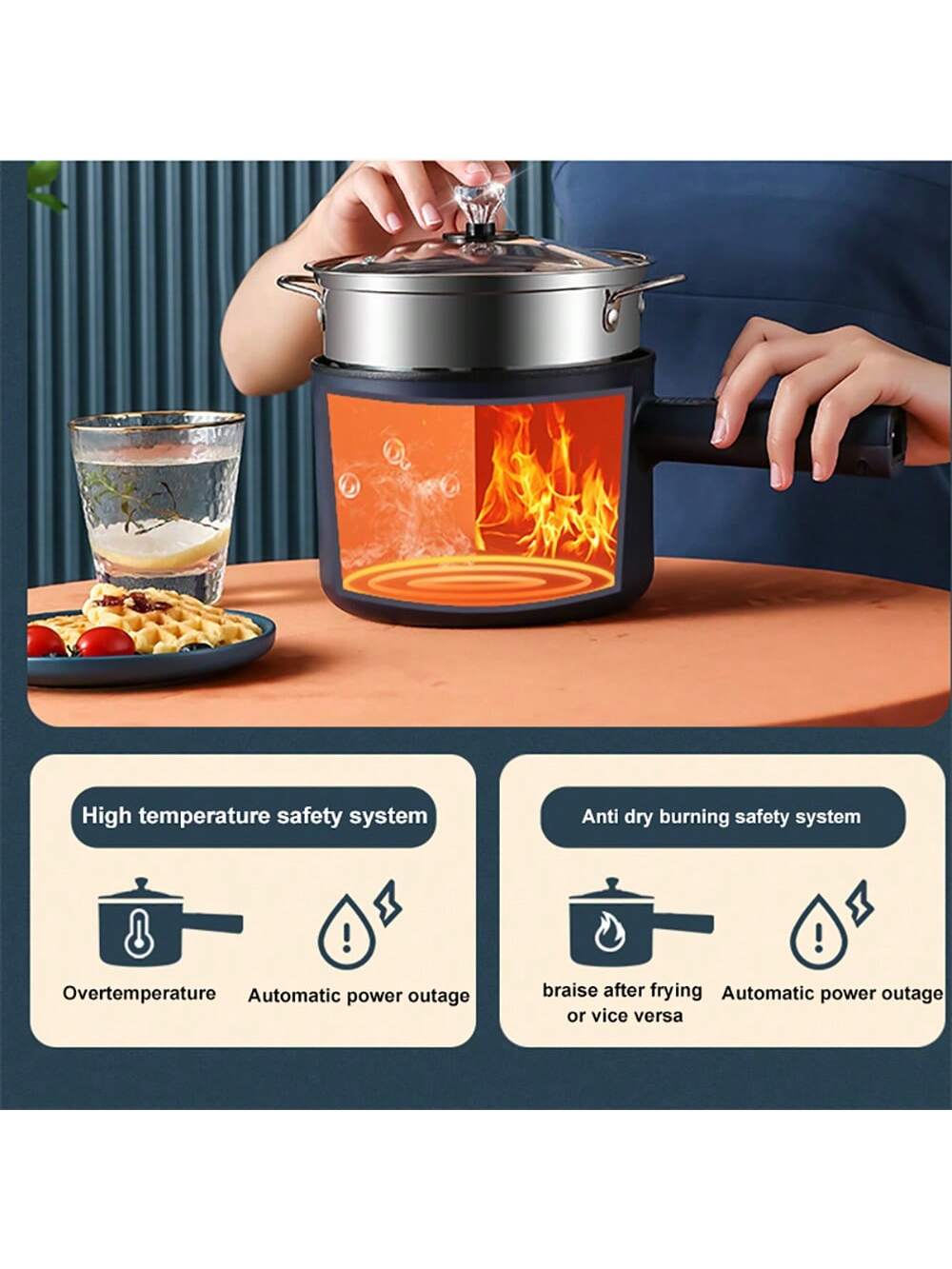 Multifunctional Electric Cooking Pot With Steamer, Non-stick Electric Fry Pan, 1-2 Person Mini Hot Pot Rice Cooker For Dormitory Student, Portable Outdoor Camping Heating Pot-Royal Blue-6