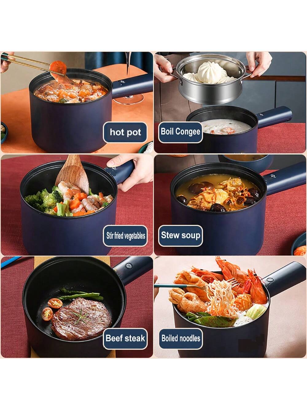 Multifunctional Electric Cooking Pot With Steamer, Non-stick Electric Fry Pan, 1-2 Person Mini Hot Pot Rice Cooker For Dormitory Student, Portable Outdoor Camping Heating Pot-Royal Blue-3