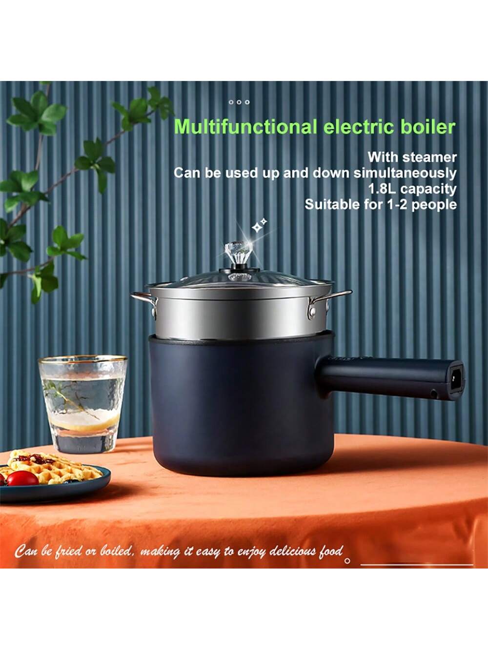 Multifunctional Electric Cooking Pot With Steamer, Non-stick Electric Fry Pan, 1-2 Person Mini Hot Pot Rice Cooker For Dormitory Student, Portable Outdoor Camping Heating Pot-Royal Blue-1