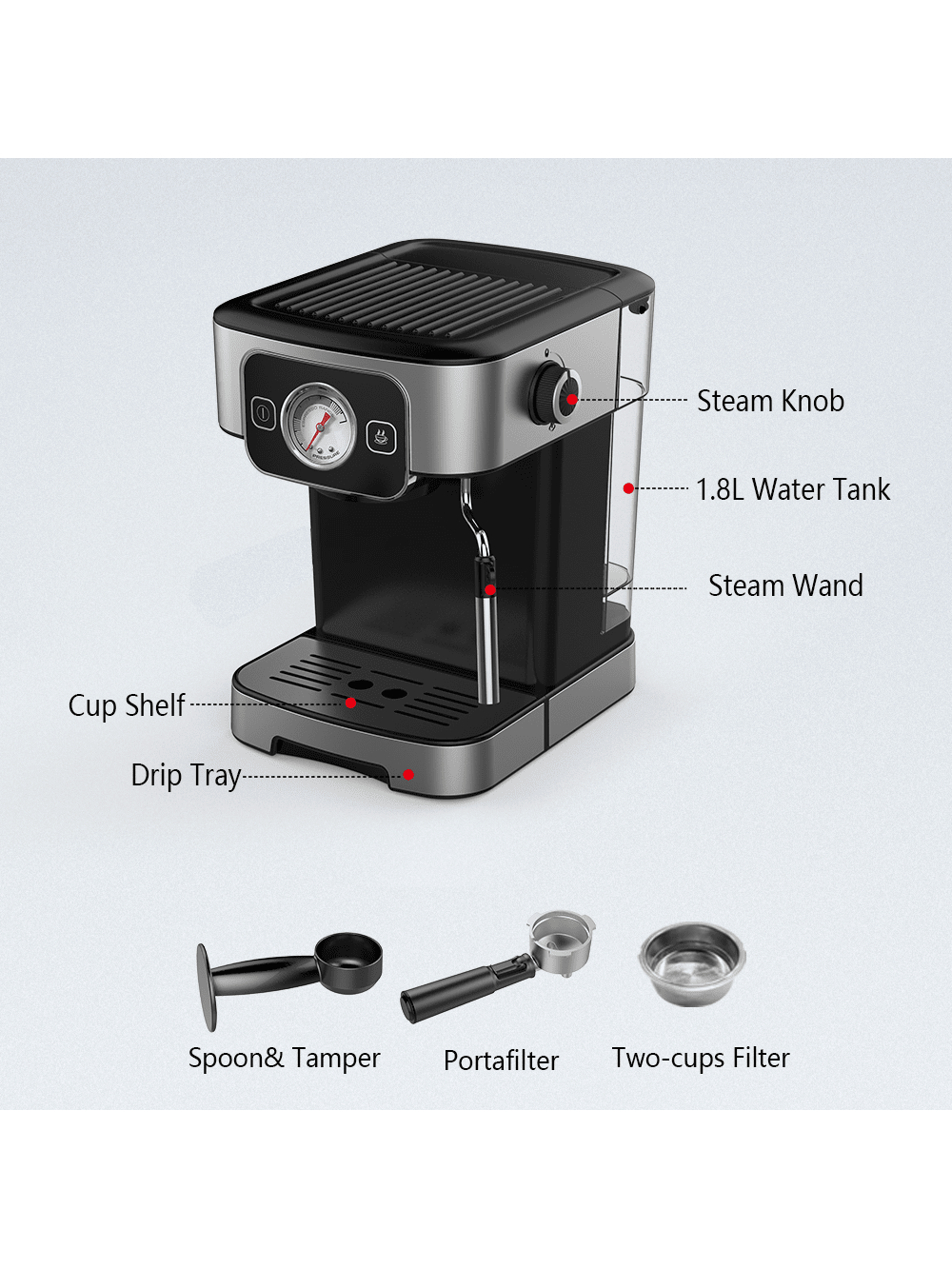 1pc Fully Automatic Espresso Coffee Machine, Semi-automatic Steam Frother,  20-bar 1.8l Water Tank, Simple Control Panel