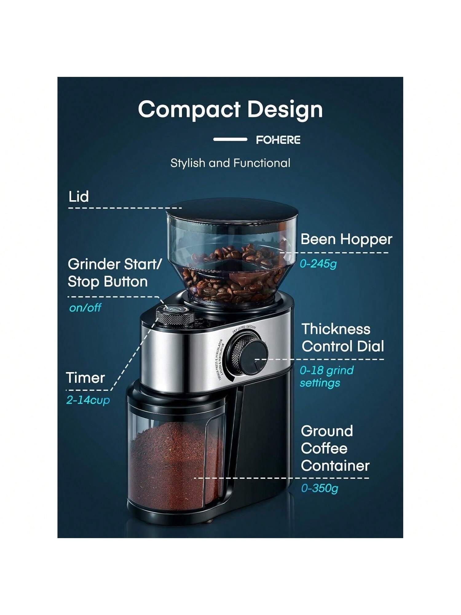 Aigostar Electric Kettle Temperature Control and Coffee Grinder Electric,  160W Detachable Coffee Bean and Spice Grinders, Stainless Steel Blade 