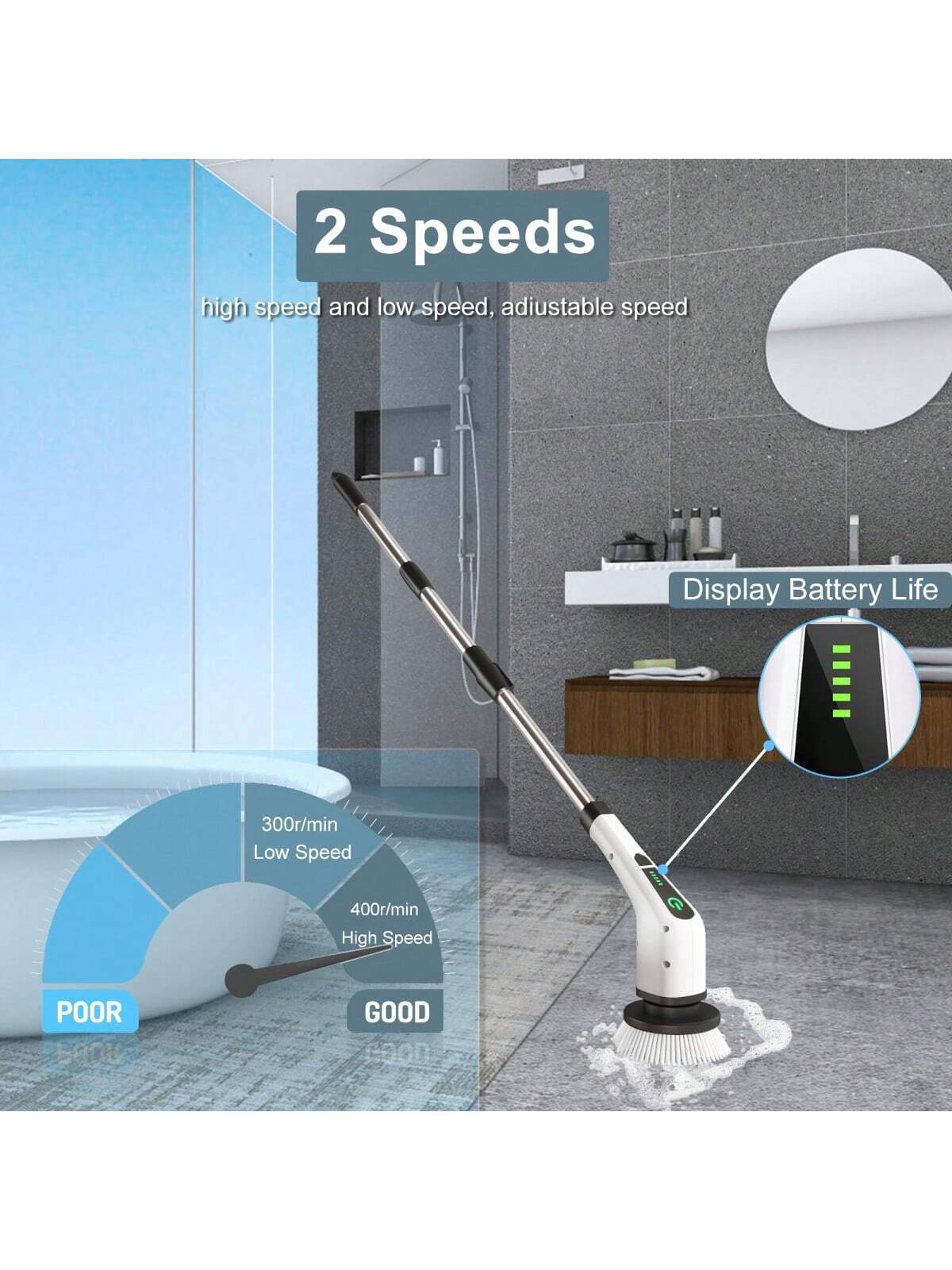 Cordless Electric Spin Scrubber,Cleaning Brush Scrubber for Home,  400RPM/Mins-8 Replaceable Brush Heads-90Mins Work Time,3 Adjustable Size,2