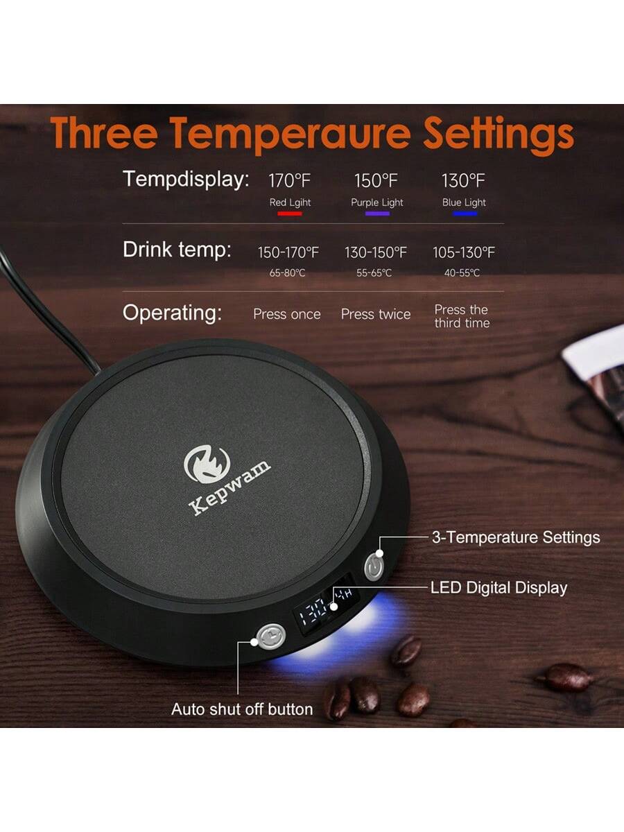 Electric Coffee Mug Warmer - 3 Temperature Settings, Auto Shut-off