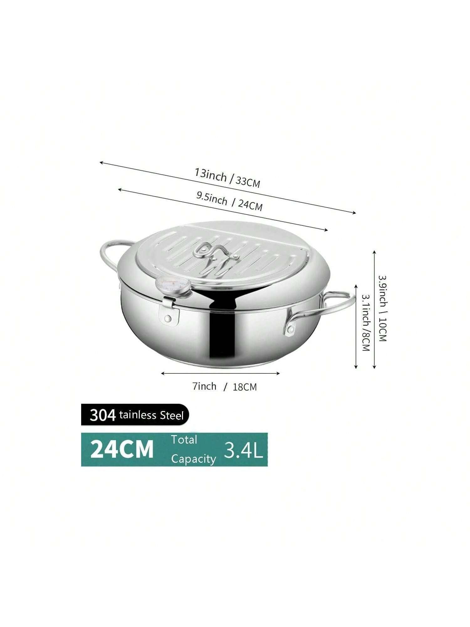 24CM Japanese Deep Frying Pot Oil Fryer with a Thermometer and a Lid 304  Stainless Steel Kitchen Tempura Fryer Pan