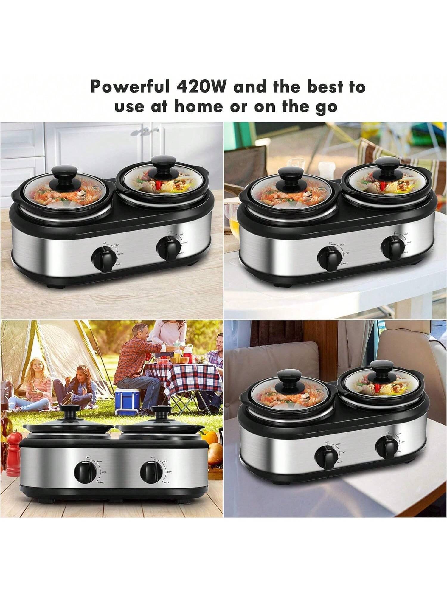 Small Double Slow Cooker, 2 Pot 1.25 Quart Oval Crock Food Warmer
