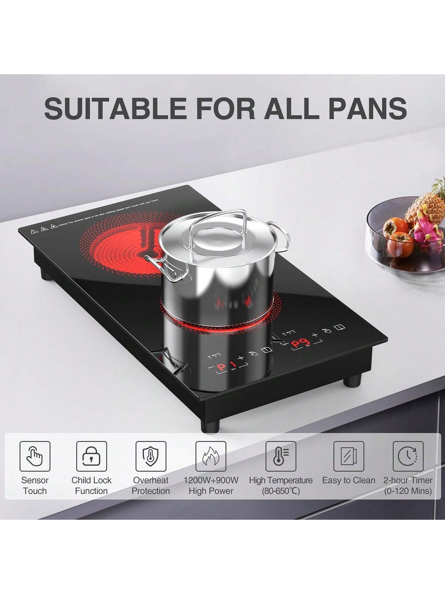 VBGK Electric Cooktop,110V Electric Stove Top,Single Burner Electric  Cooktop LED Touch Control,9 Power Levels, Kids Lock &Timer,Overheat