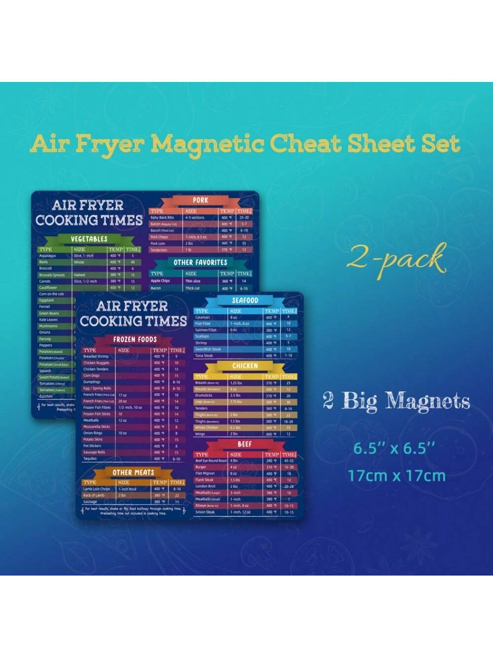 Air Fryer Magnetic Cheat Sheet Set Of 2, Air Fryer Accessories Cook Times
