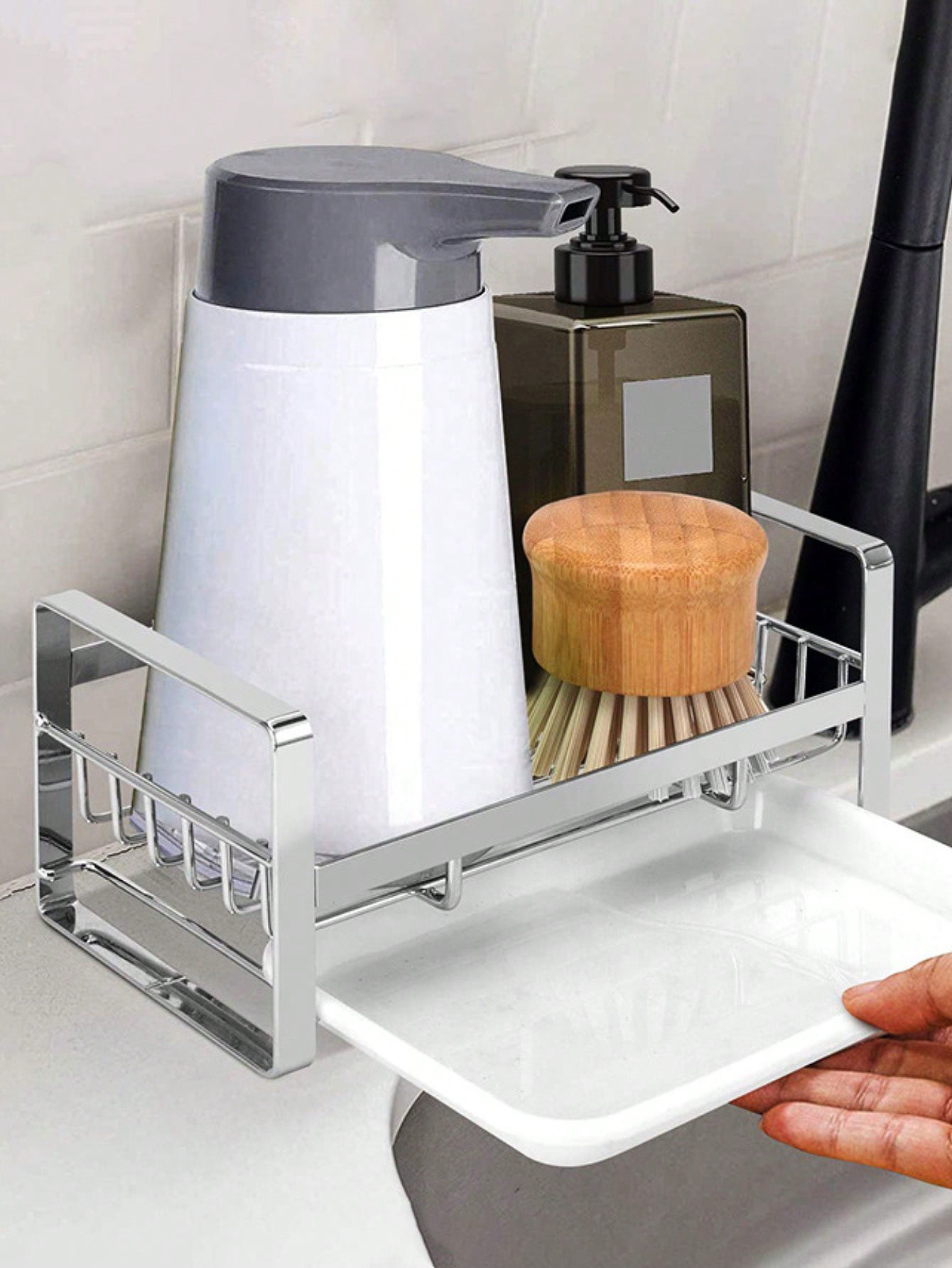 1pc Stainless Steel Sink Organizer Drying Rack, Hanging Sponge Holder,  Faucet Storage Rack with Plastic Tray