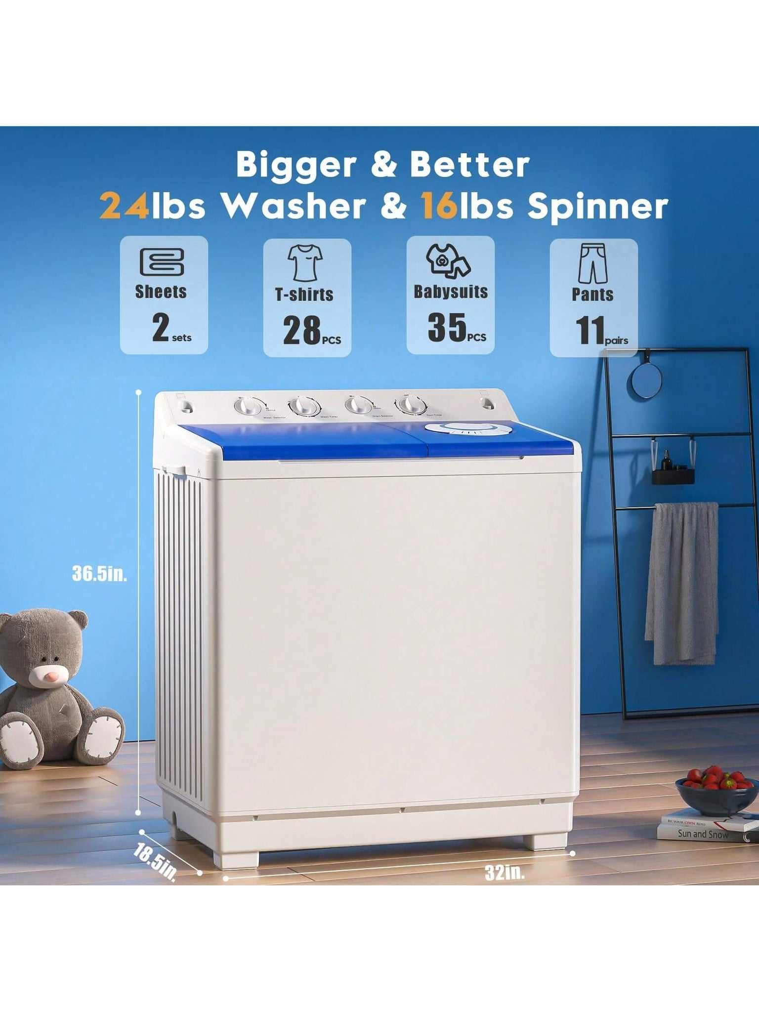  Auertech Portable Washing Machine, 20lbs Twin Tub Washer Mini  Compact Laundry Machine with Drain Pump, Semi-automatic 12lbs Washer 8lbs  Spinner Combo for Dorms, Apartments, RVs : Appliances